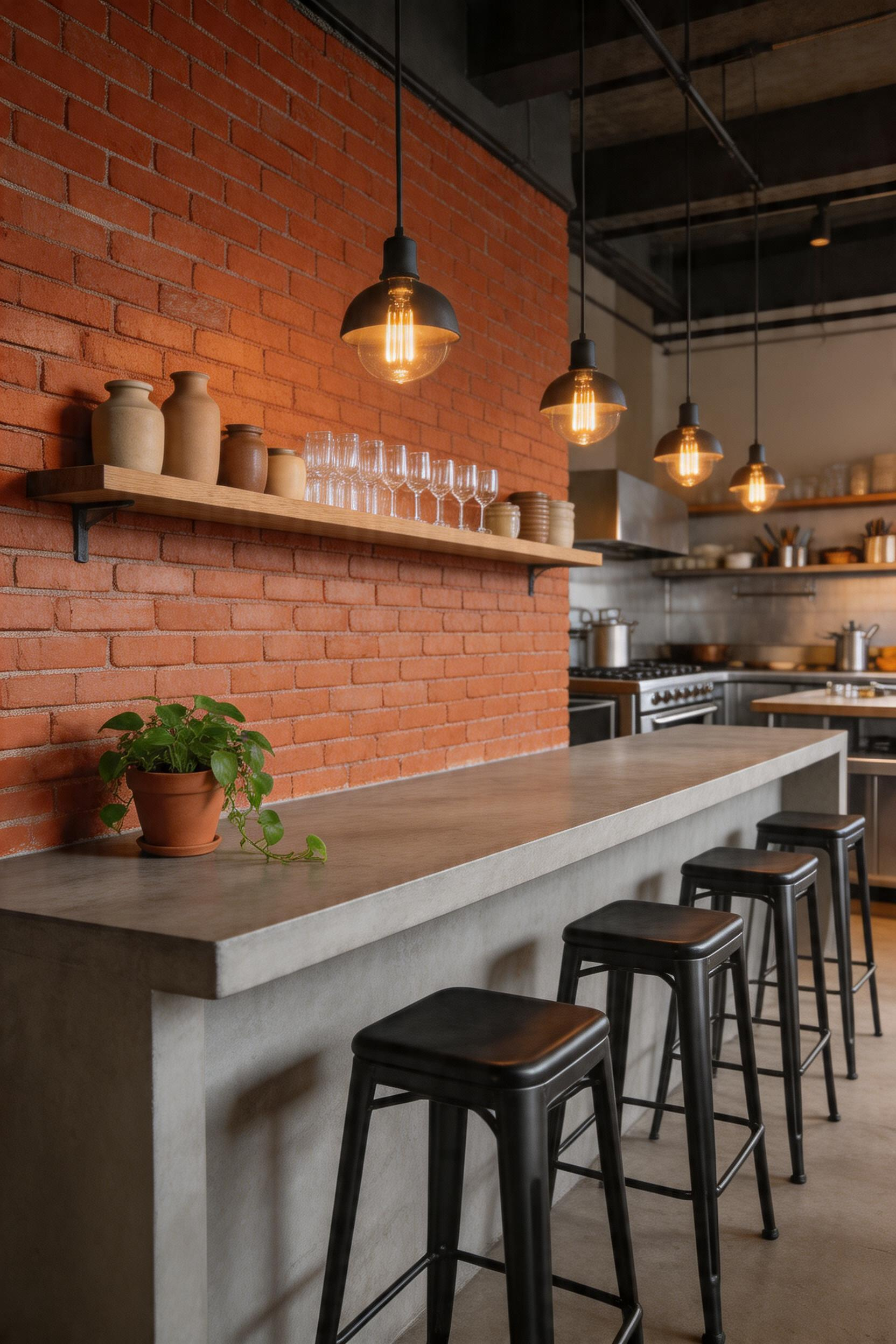 Sealed exposed brick and a poured concrete bar counter create an industrial kitchen bar with genuine material character — softened by plants and carefully edited open shelving.