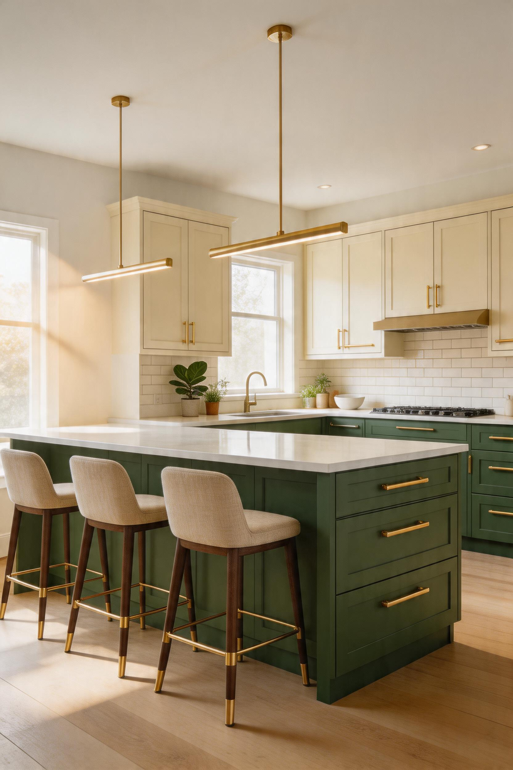 Forest green lower cabinetry against warm cream uppers creates a two-tone kitchen bar with genuine botanical richness — brass hardware threading the palette together.