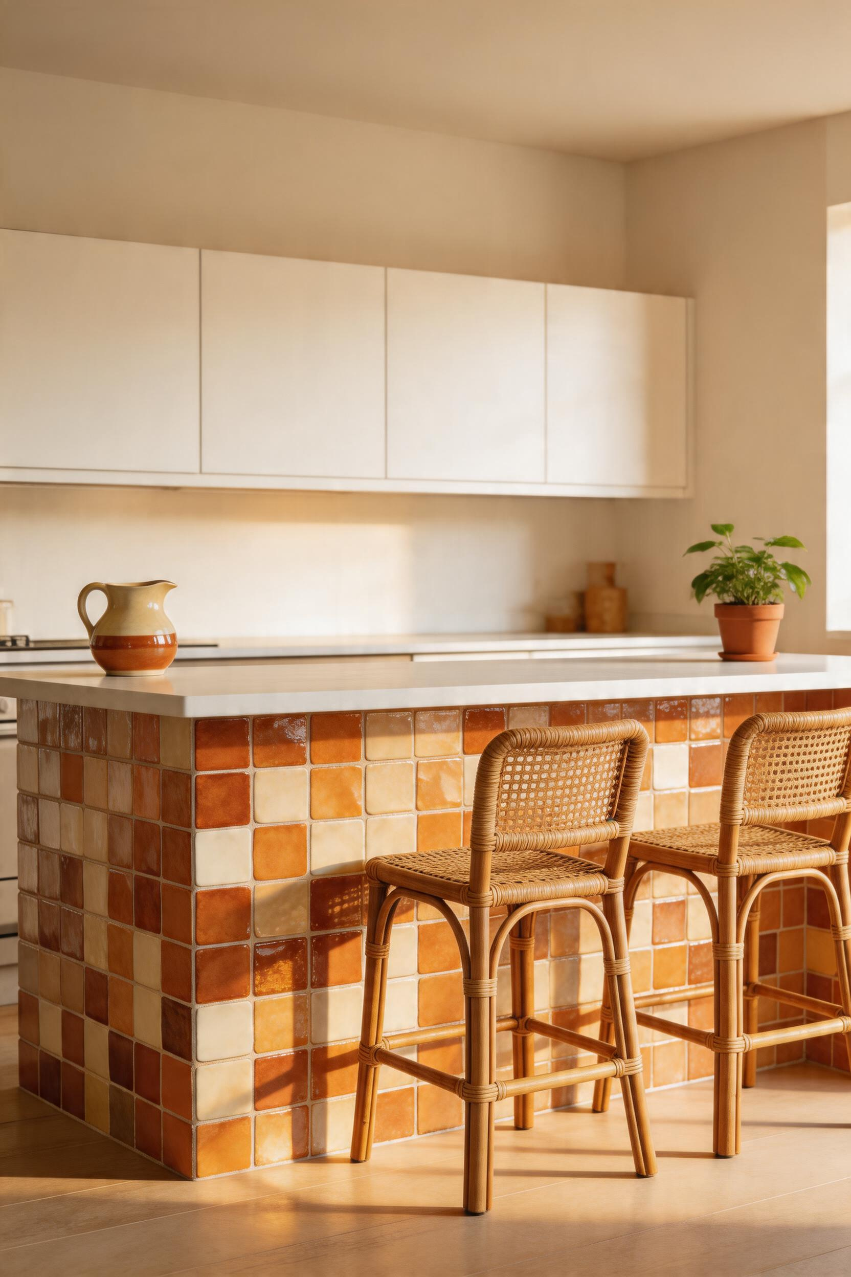 Handmade Zellige tiles face the bar peninsula in an irregular terracotta-and-ivory glaze that shifts with the light — the kind of surface that looks better the more you look at it.