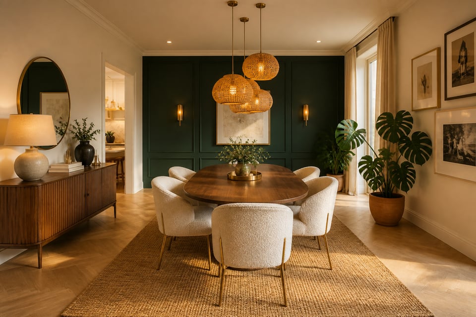 A complete modern dining room bringing together an oval walnut table, rattan cluster pendants, emerald accent wall, curated sideboard, and large Monstera plant — each element from this guide working together in one cohesive space.