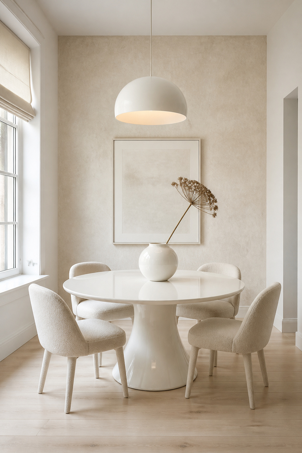 A warm-white monochrome modern dining room where the interest lives entirely in sheen: matte walls, satin chairs, gloss ceramics — the variation visible only in the light.