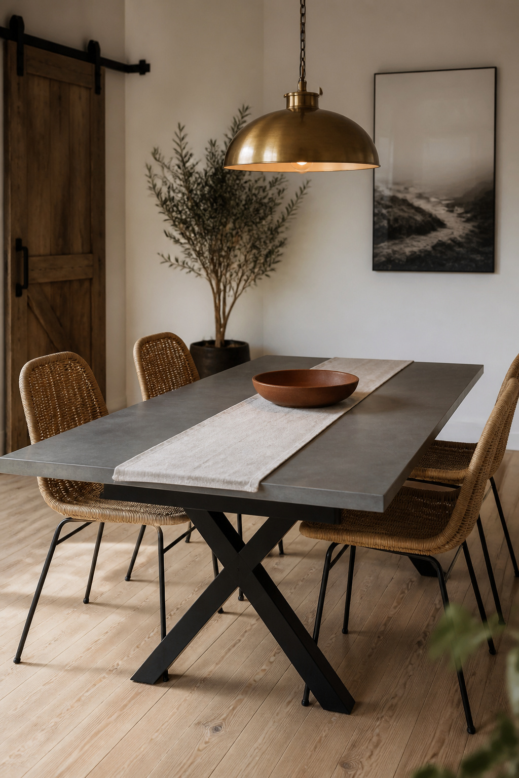 A honed sintered stone table paired with rattan chairs and linen textiles — the warm organic materials doing the essential work of preventing the stone surface from reading as clinical.