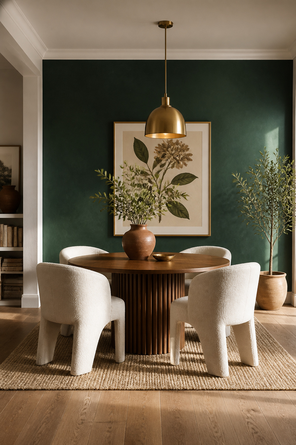 A deep emerald limewash accent wall transforms this contemporary dining room — the mottled plaster finish catching light differently throughout the day.