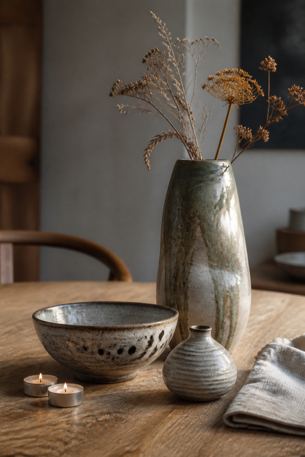 Three handmade stoneware vessels in varying heights — the asymmetry, pooled glazes, and visible tool marks that define wabi-sabi ceramics as objects worth looking at.
