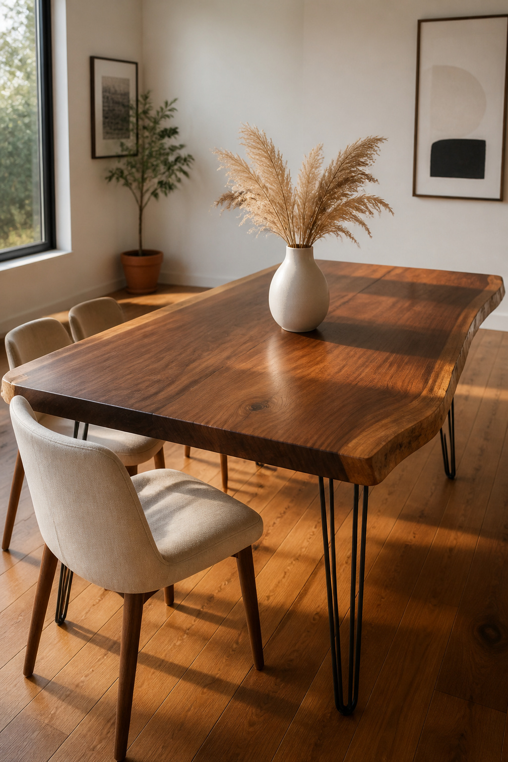 A live-edge American walnut dining table anchors this bright, minimal space — the slab's natural grain doing the decorative work without a single additional accessory.