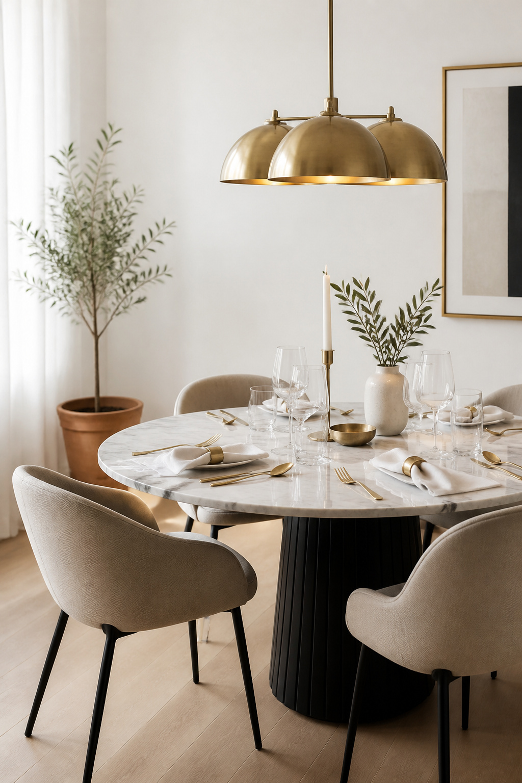 Brushed brass at the pendant and tabletop accessories; matte black at the chair legs — the 70/30 balance that holds a mixed-metal room together.