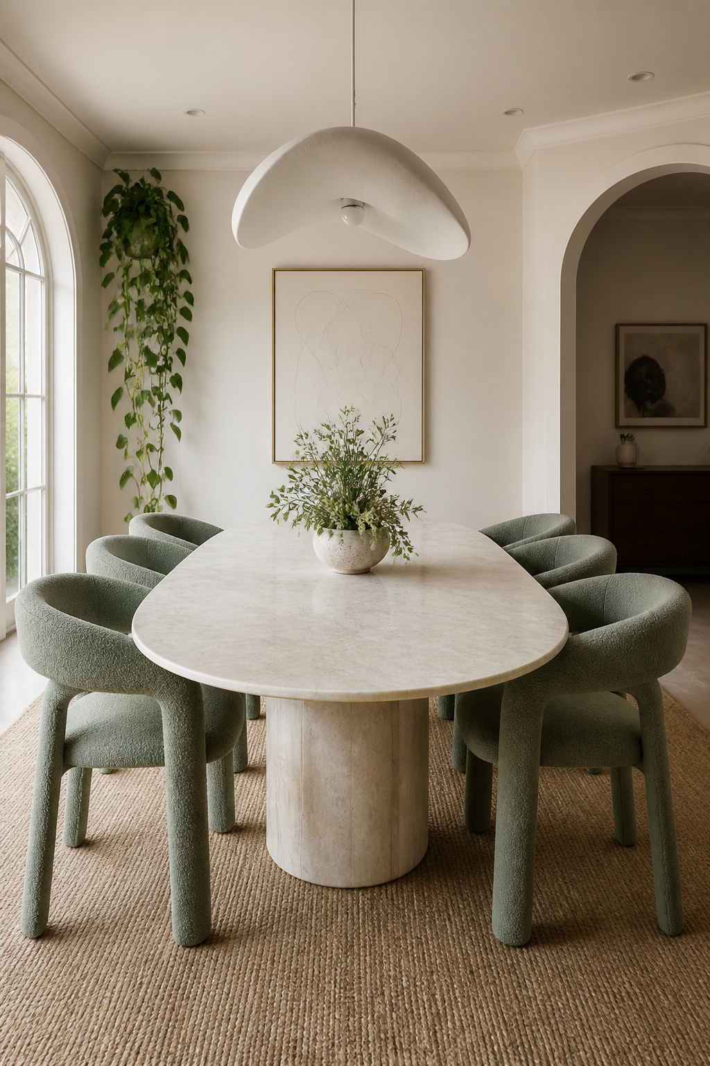 An oval table in a contemporary dining room removes the hierarchy of the rectangular — no head, no foot, just six equally placed seats for conversation.
