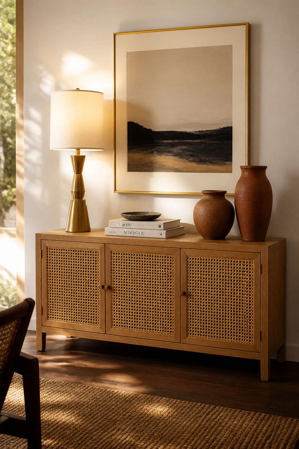 A solid oak sideboard with cane-fronted doors, styled with the 30% negative space rule — enough objects to read as curated, enough empty surface to breathe.