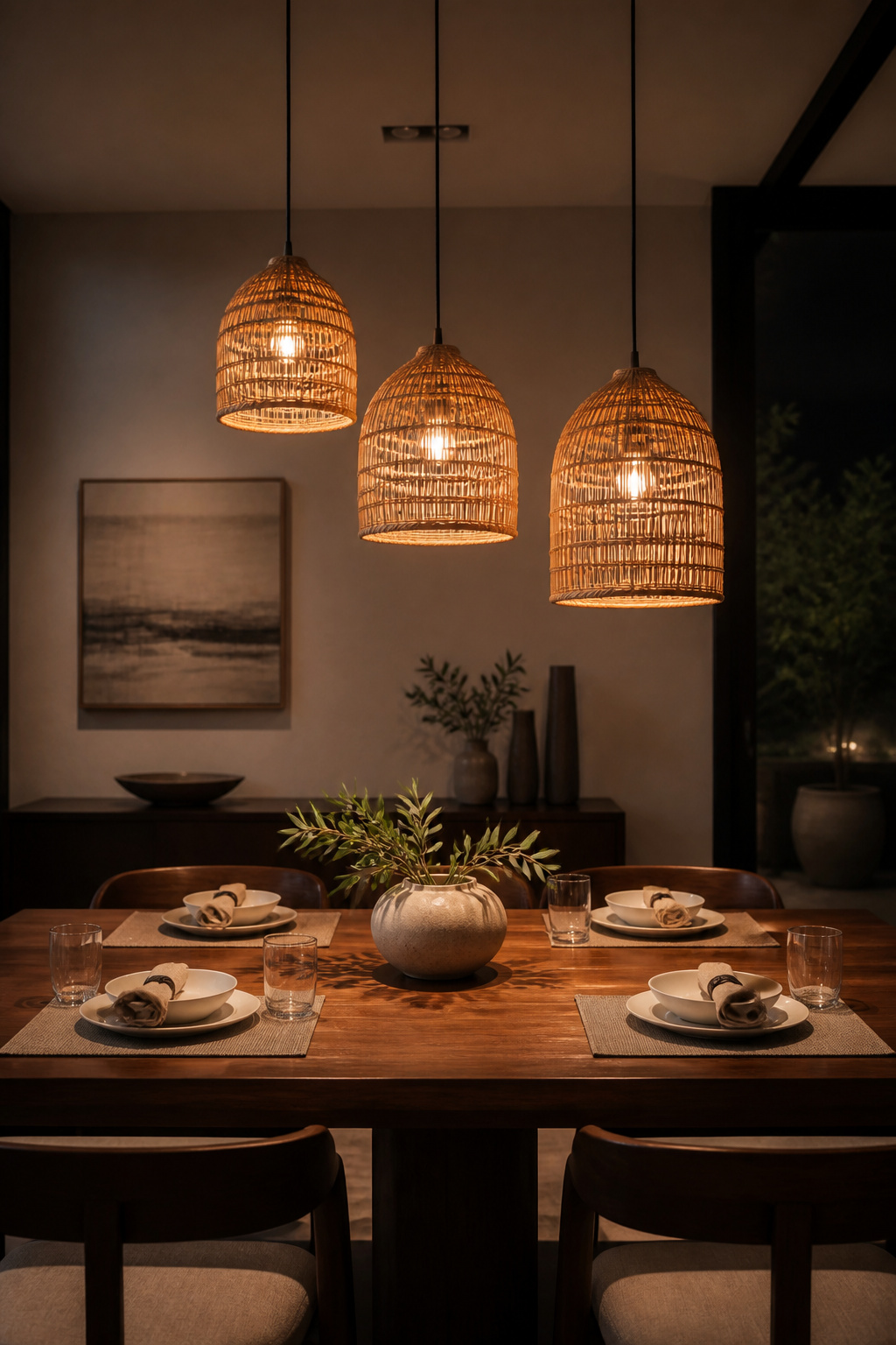 Three rattan pendants at graduated heights over the dining table — clustered within the middle third of the surface, as the professional standard prescribes.
