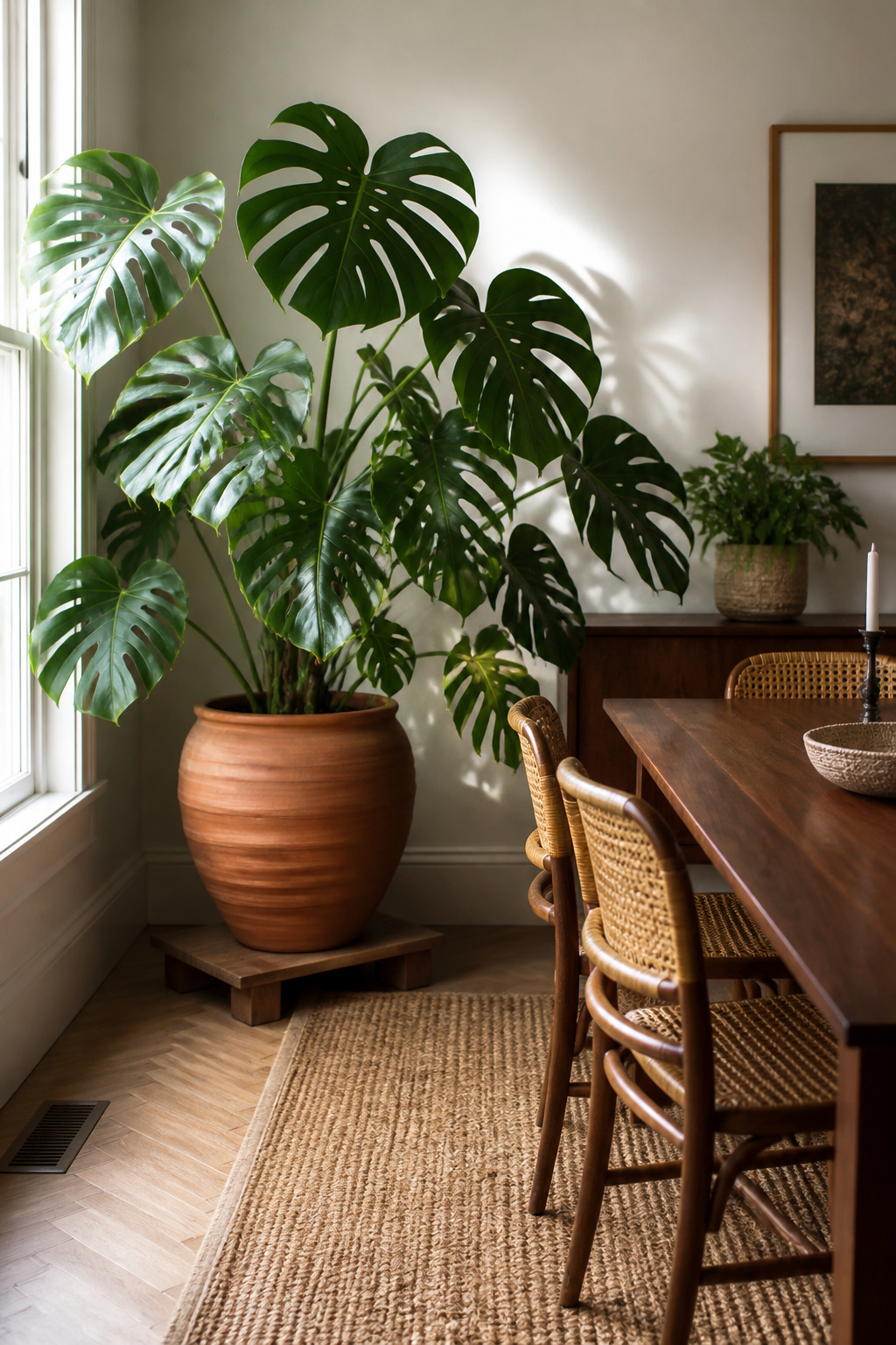 A large Monstera Deliciosa in a hand-thrown terracotta pot earns its place as a room element rather than a decorative accessory — scale being the one principle that matters most.