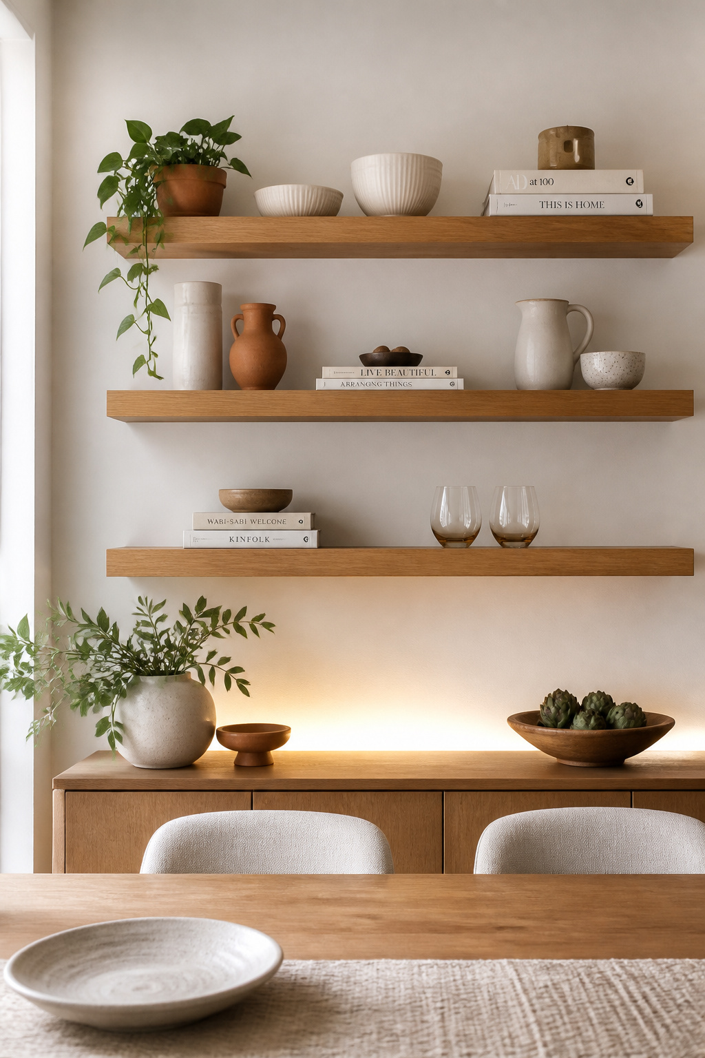 Three solid oak floating shelves, mounted into wall studs and styled with the odd-number, varying-height rule — practical enough to hold real glassware, curated enough to read as intentional.