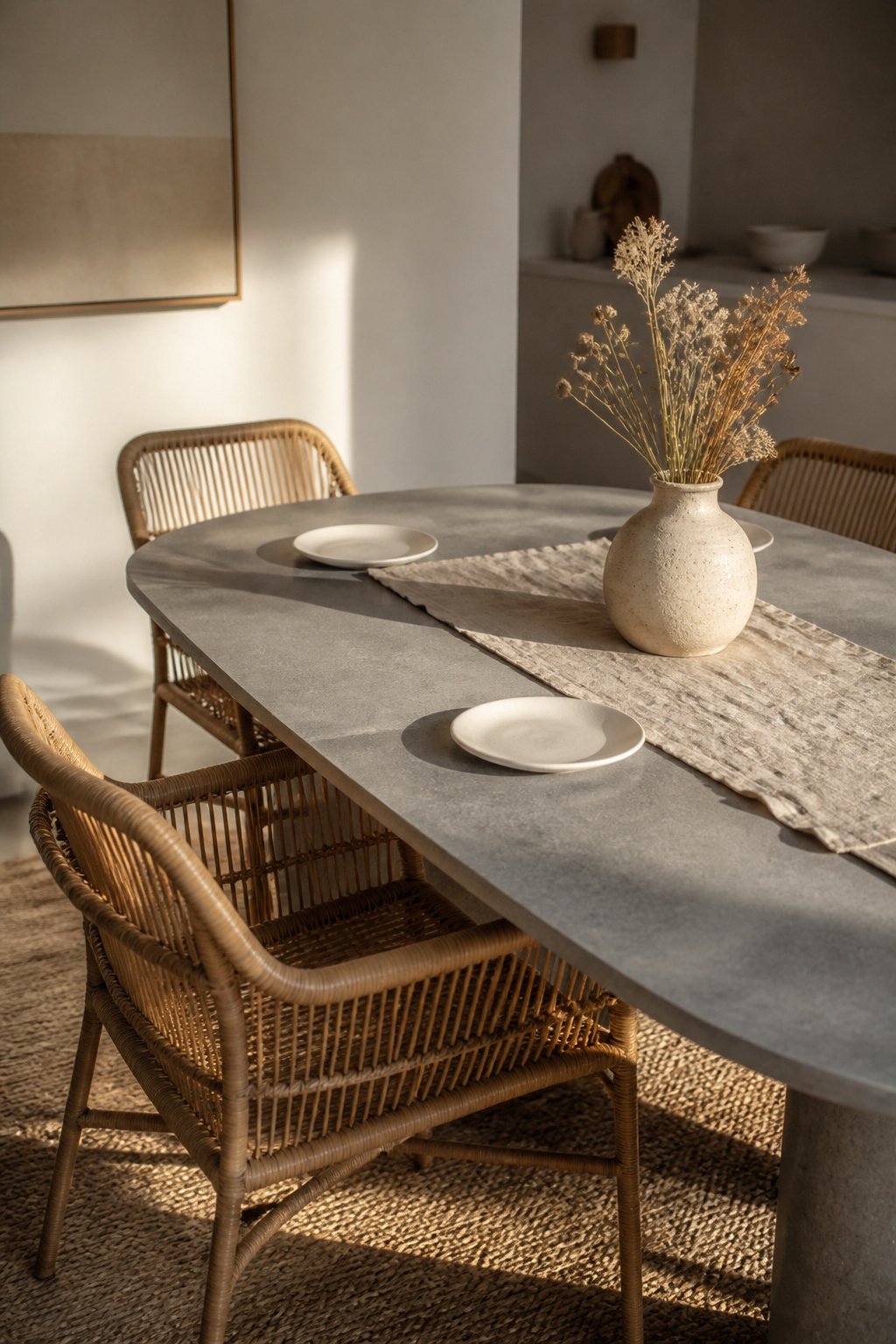Rattan chairs and a stone table: the textural contrast that interior designers consistently cite as one of the most effective in contemporary dining design.