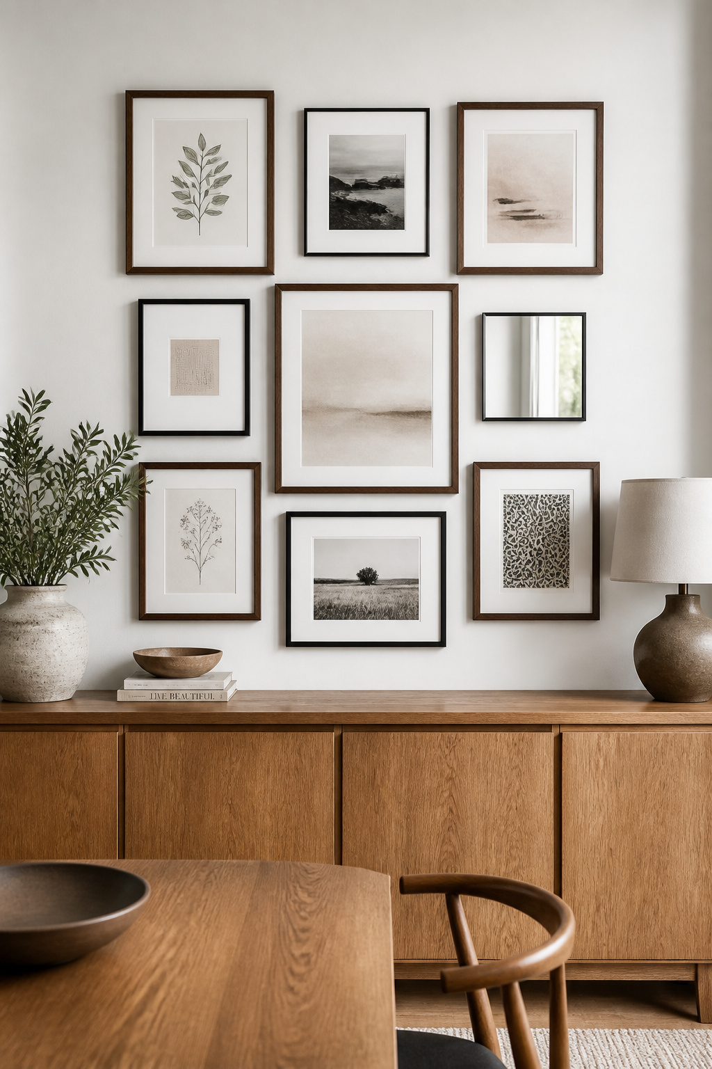 Nine frames in three sizes and two materials, spaced at 2.5 inches throughout — the professional standard that makes a gallery wall read as a single composition rather than a collection of individual pieces.