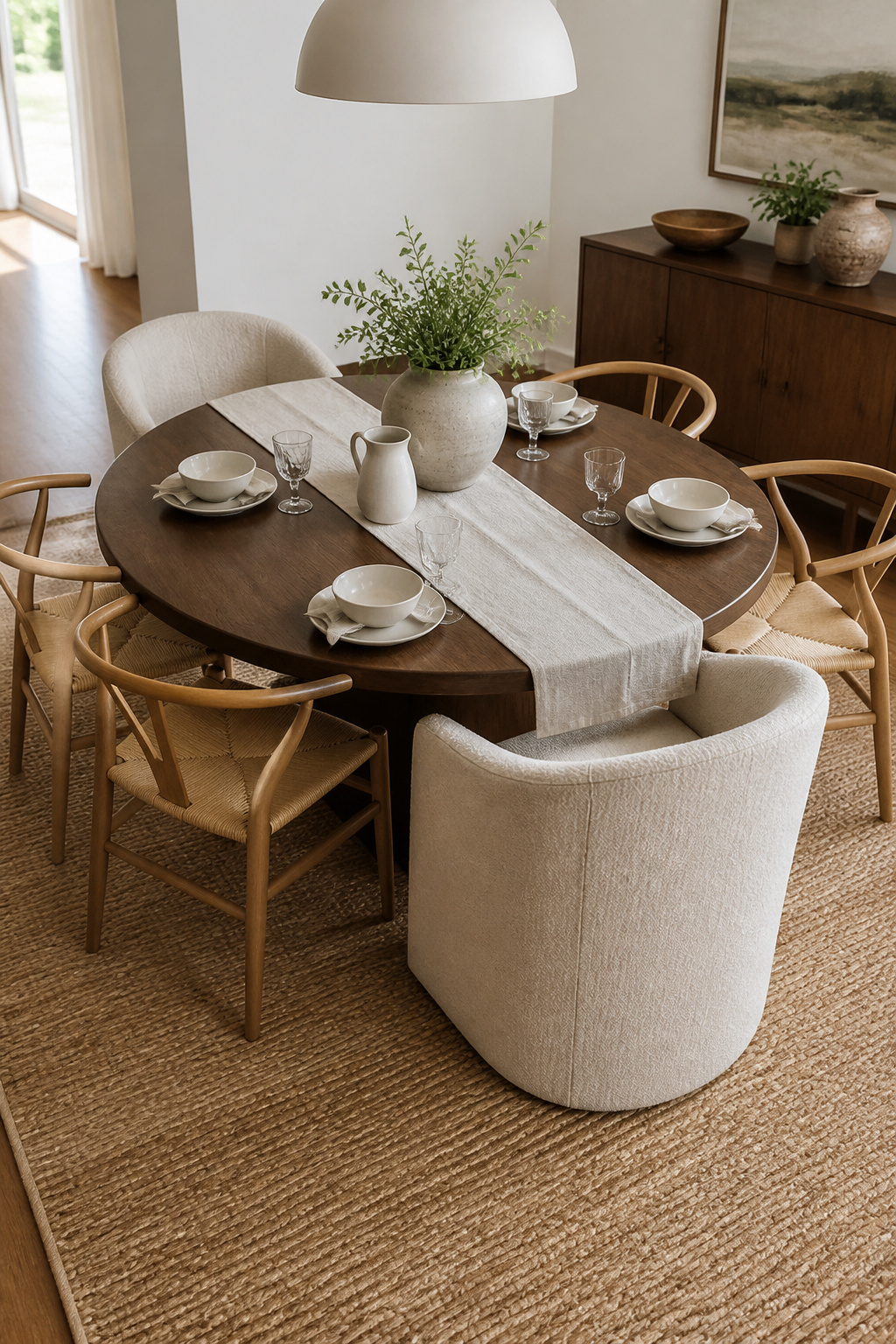 Two boucle captain's chairs at the ends, four Wishbone-style side chairs along the length — the classic contemporary mix that reads as collected rather than matchy.