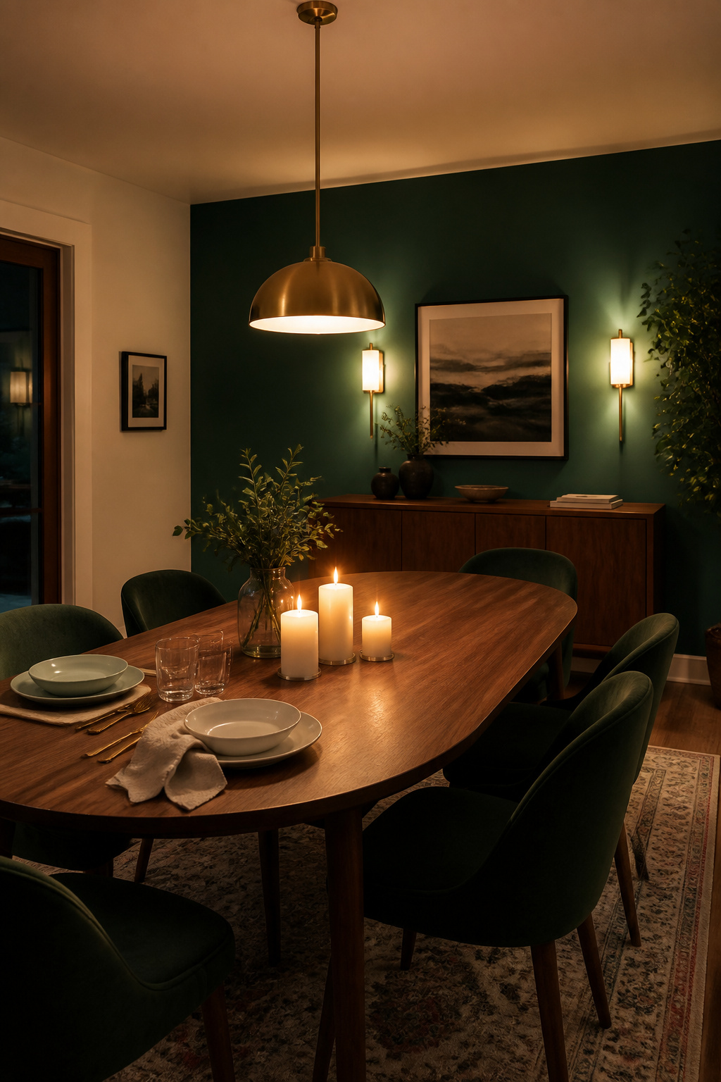 Pendant, wall sconces, and candles operating simultaneously — the three-layer lighting approach that gives a modern dining room its atmospheric range.