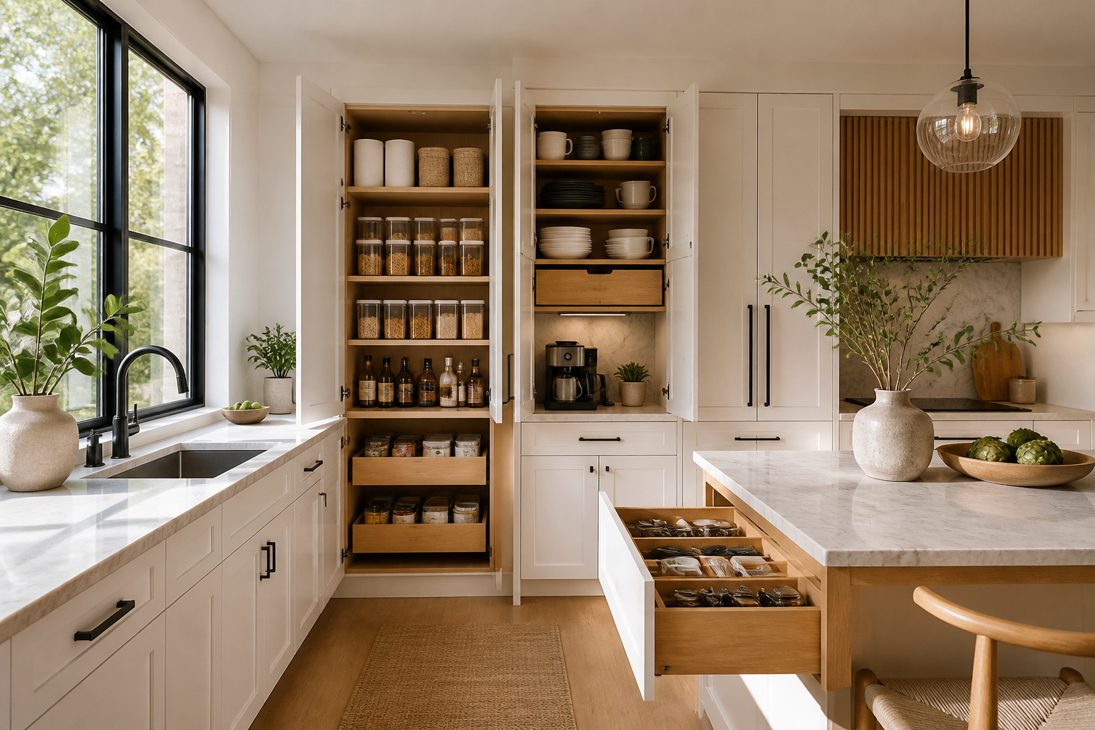 A well-organized kitchen with thoughtfully chosen cabinet organizers creates a space that functions as calmly as it looks — every item visible, every cabinet opening without friction.