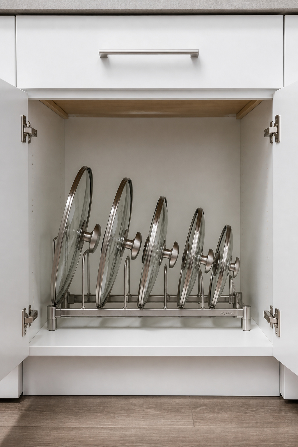 A stainless rail pot lid organizer assigns each lid a fixed slot inside a kitchen cabinet, eliminating the scattered lid chaos that affects most cookware cabinets.