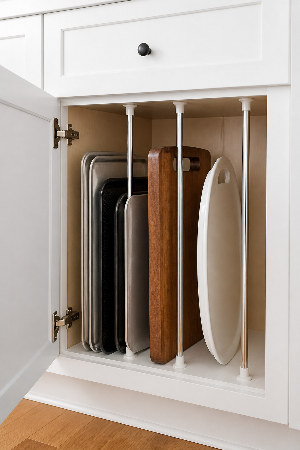 Vertical tension rods installed inside a base cabinet create file-folder-style slots for baking sheets and cutting boards, making each item individually accessible.