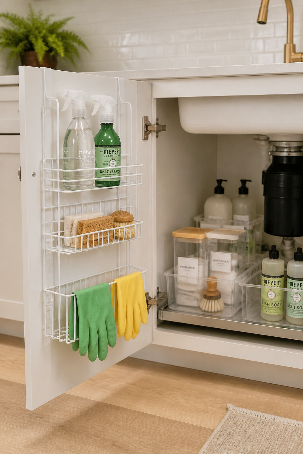 A metal wire over-door organizer mounted on a kitchen cabinet door interior transforms unused door space into active storage for cleaning supplies and everyday essentials.