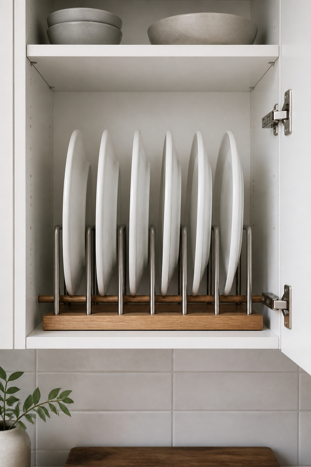 A vertical plate holder stores dinner plates on edge in individual slots, preventing rim chipping and making each plate individually retrievable.