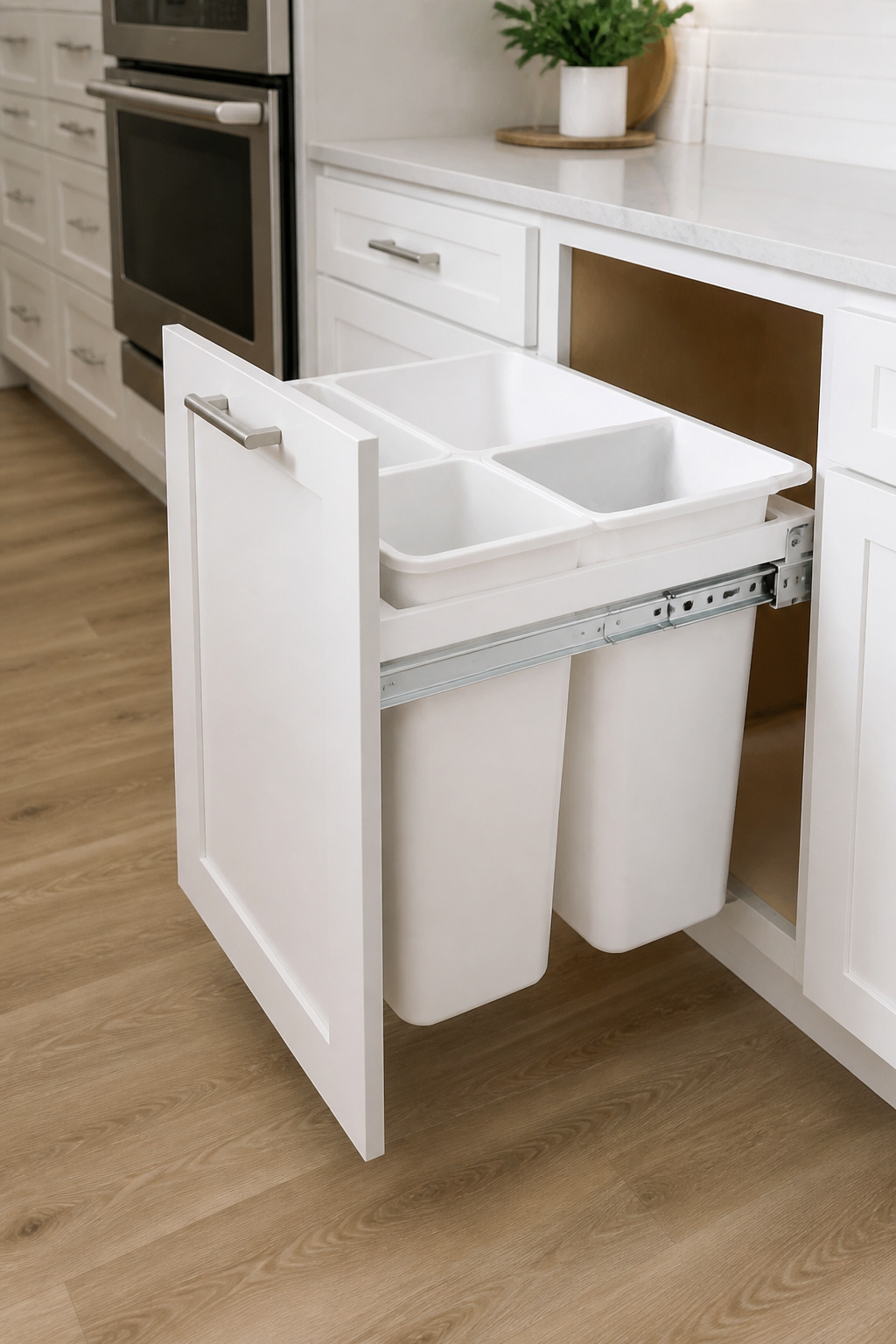 A dual pull-out trash and recycling bin system integrates waste management into a base cabinet, eliminating floor-standing bins and keeping the kitchen visually clean.