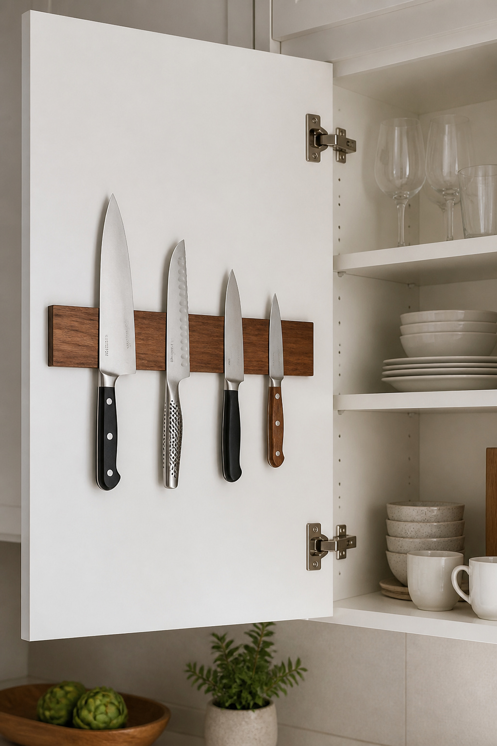 An acacia wood magnetic knife strip mounted on the inside of an upper cabinet door stores knives safely out of sight while freeing the entire kitchen counter.