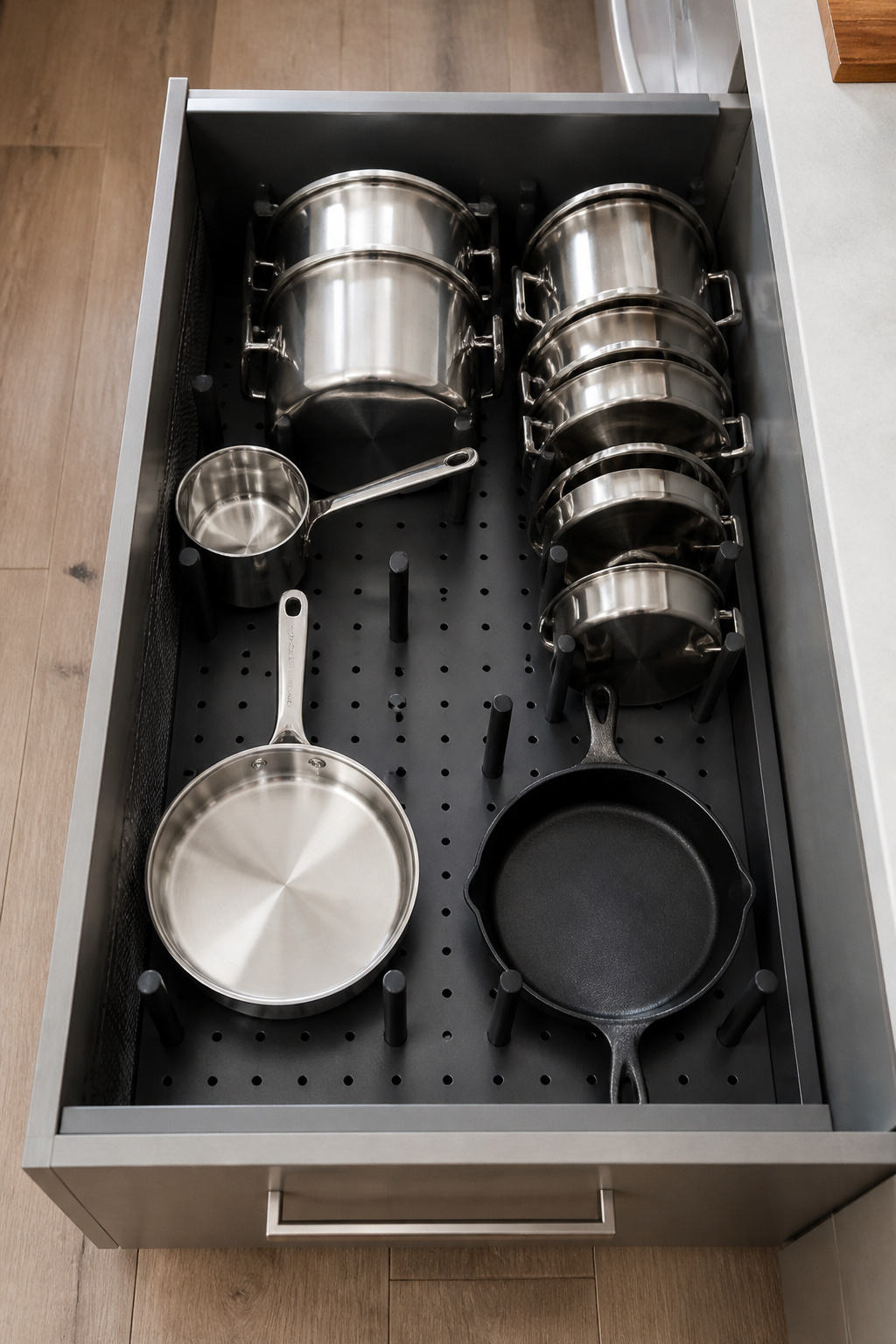 A modular peg-grid drawer system holds each pot and pan in its own defined space, with repositionable pegs that adapt as the cookware collection changes.