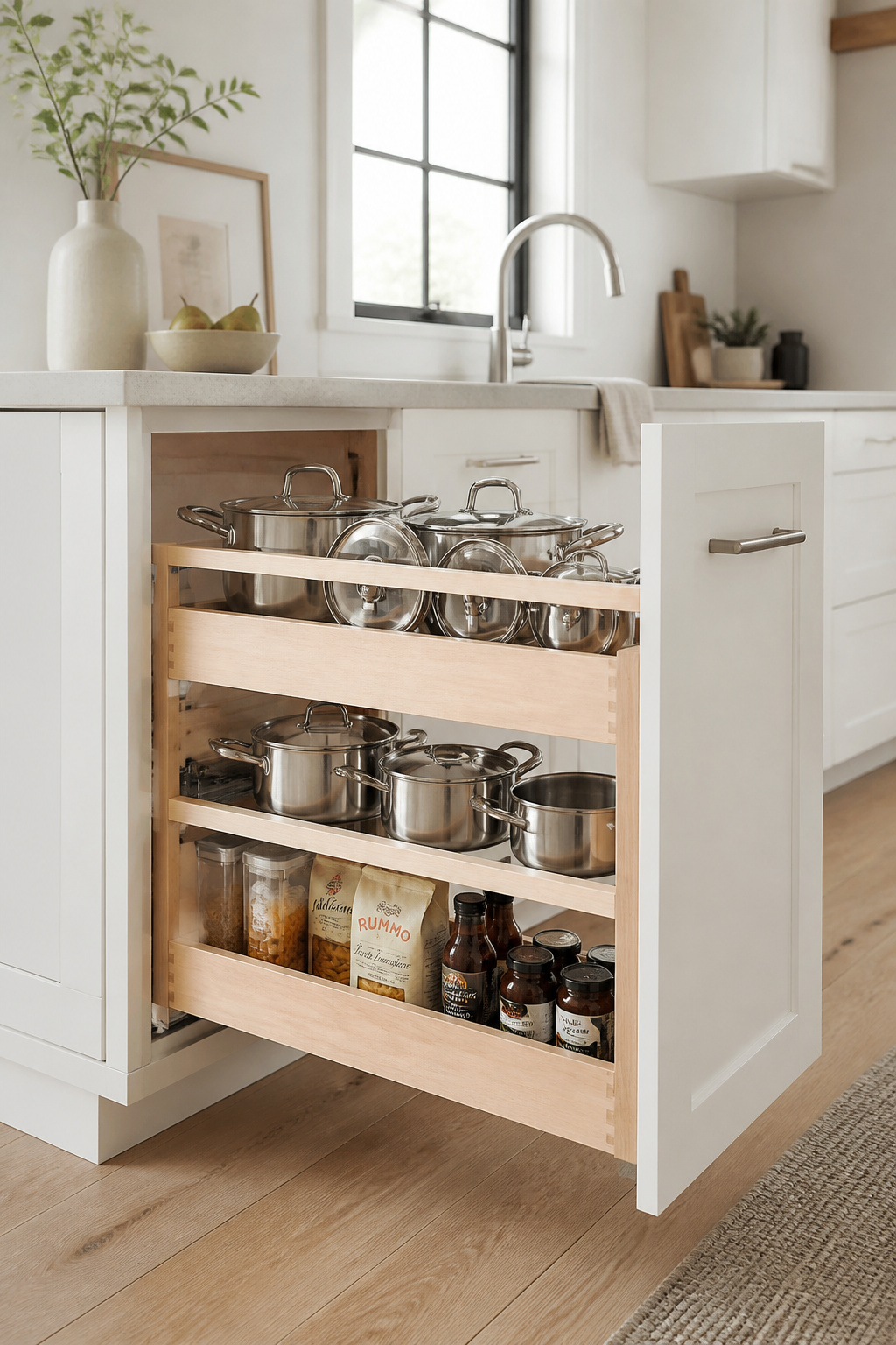 A full-extension pull-out drawer organizer brings every item in a deep base cabinet within easy reach, eliminating the hidden back-of-cabinet zone entirely.