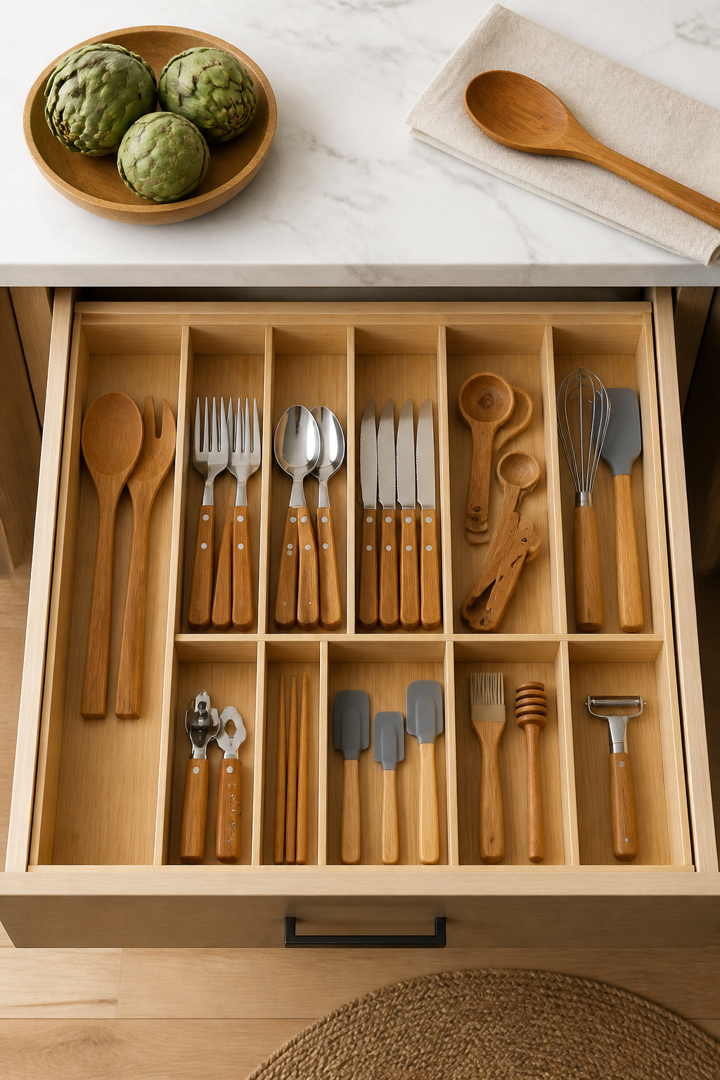 A bamboo drawer insert creates clean, compartmentalized order for kitchen utensils — the warm grain adds visual calm to an often-chaotic kitchen drawer.