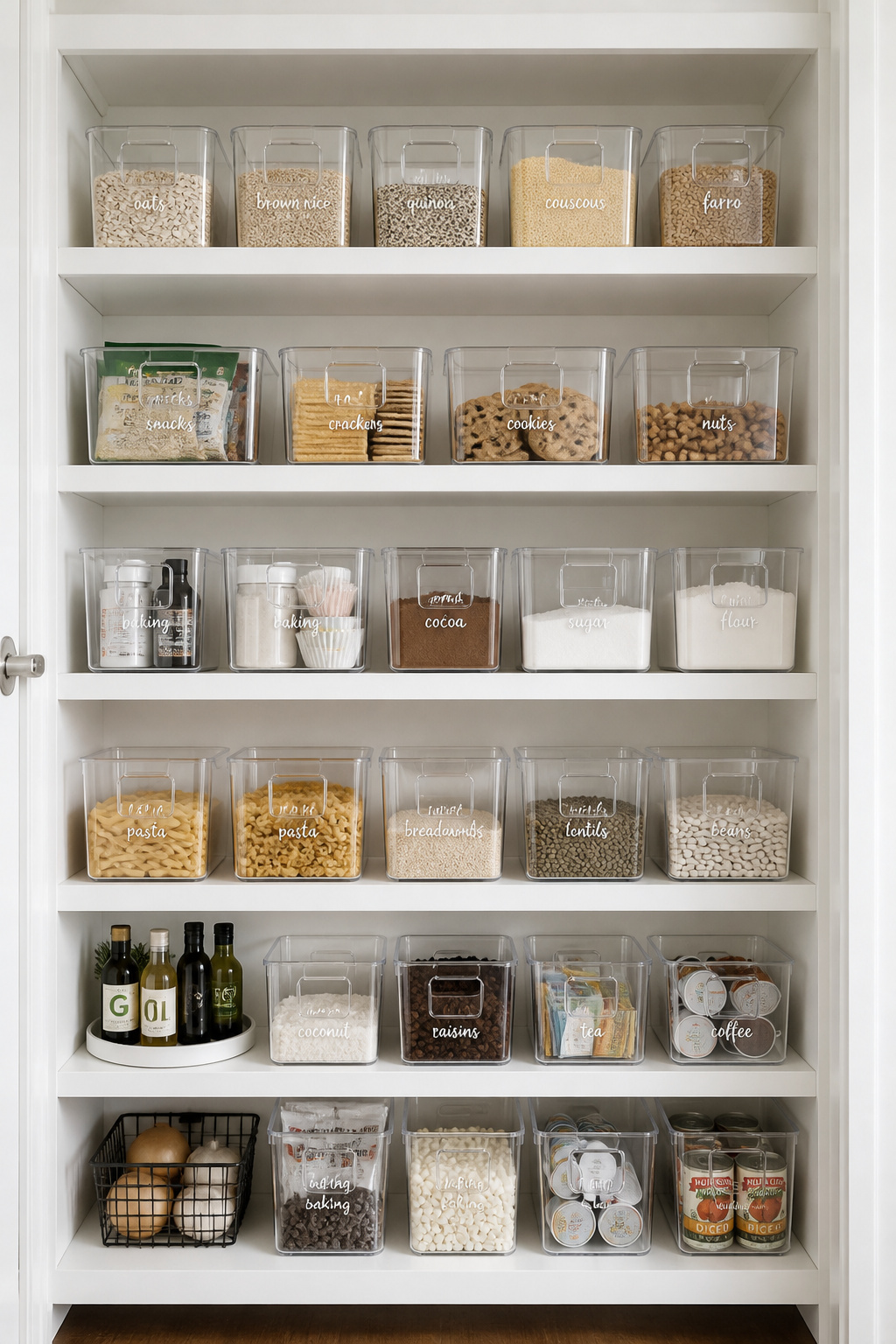 Clear acrylic bins group dry goods by category on pantry shelves, making every item visible at a glance and eliminating the need to rummage for what you need.