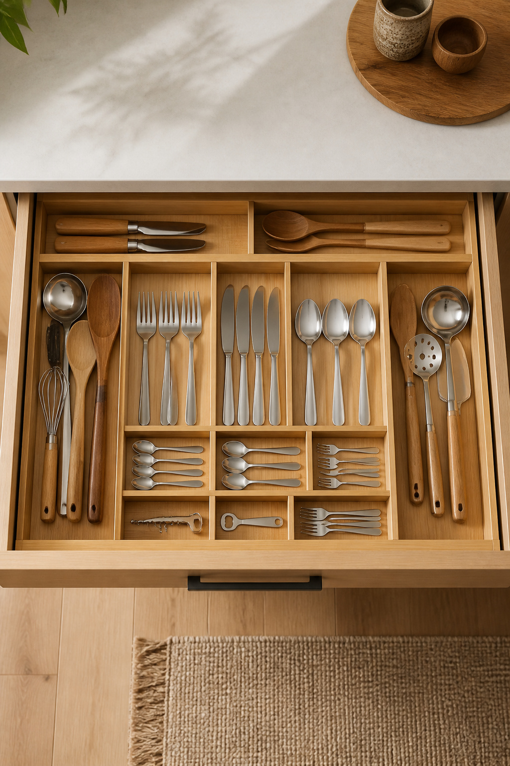 An expandable bamboo cutlery tray fits precisely to any drawer width, creating snug compartments that prevent cutlery from shifting with every open and close.