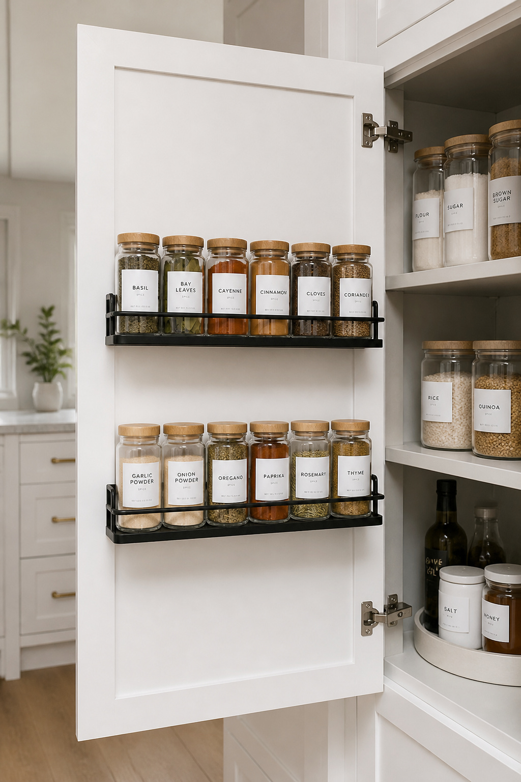 Door-mounted spice racks put 20-30 spice jars on the cabinet door interior, freeing an entire shelf for heavier pantry items.