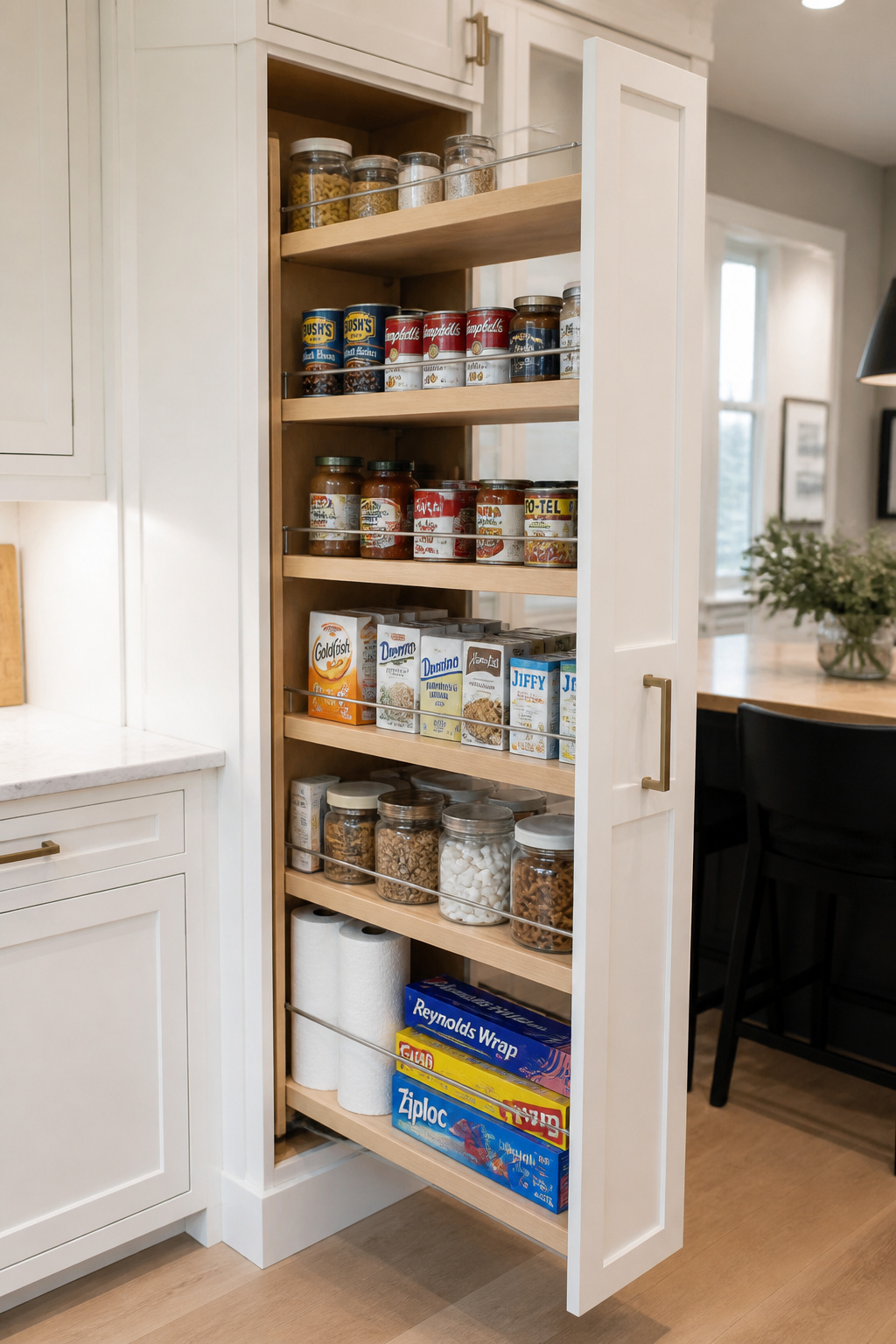 A full-extension pull-out pantry insert exposes the full depth of a tall kitchen pantry cabinet in a single pull, making every stored item visible and accessible.