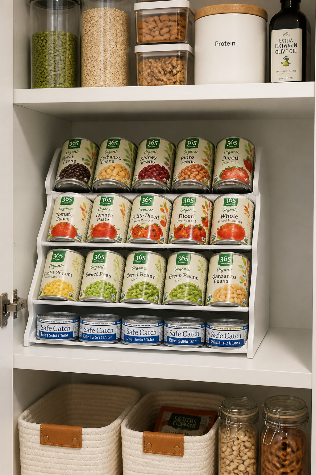 A tiered FIFO can organizer uses gravity to rotate stock automatically, keeping the oldest cans at the front and eliminating expired pantry items.