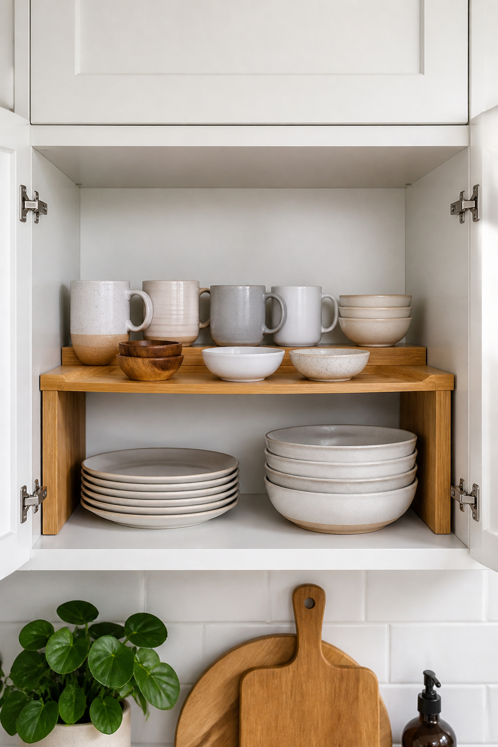 A single bamboo shelf riser converts one kitchen cabinet shelf into two usable tiers, doubling mug and dish storage without any modifications.