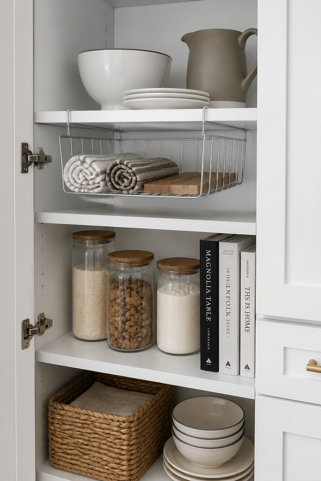 An under-shelf wire basket uses the dead space below a fixed kitchen shelf to store dish towels and lightweight items without occupying shelf surface.