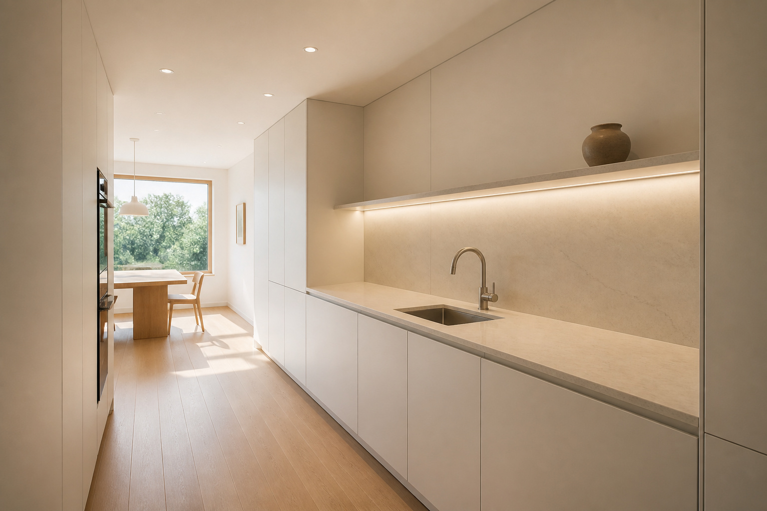 A complete minimalistic kitchen interior — handle-free cabinetry, one object on an open shelf, a clear countertop — demonstrating that calm is a design outcome achieved through decision, not decoration.