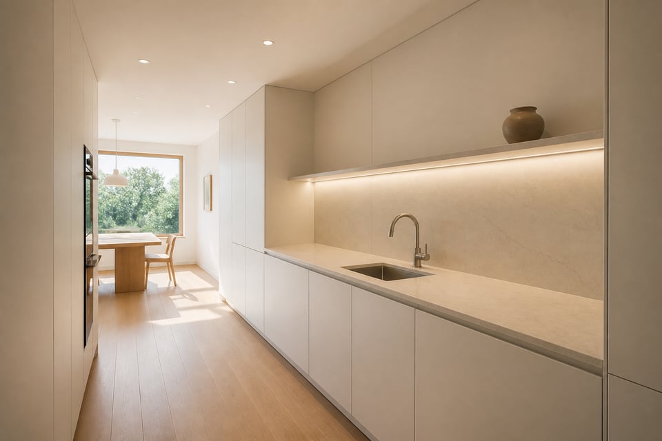 A complete minimalistic kitchen interior — handle-free cabinetry, one object on an open shelf, a clear countertop — demonstrating that calm is a design outcome achieved through decision, not decoration.