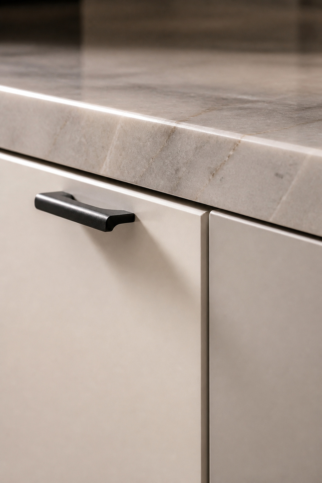 The material intersection of Fenix matte laminate cabinet front and polished quartzite countertop edge — one surface absorbs light, one reflects it, and together they create depth without introducing any additional colour or element.