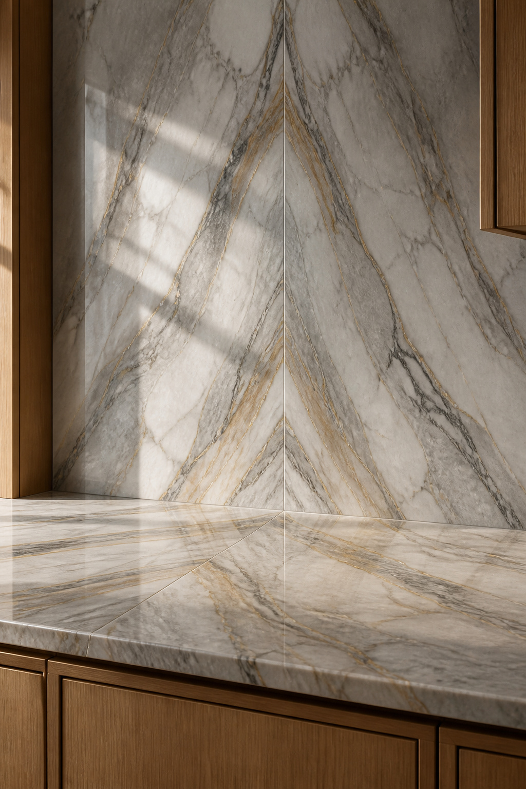 Bookmatched quartzite wrapping from countertop to full-height backsplash in one unbroken material — the stone's veining doing all the decorative work in a room that offers it nothing to compete with.