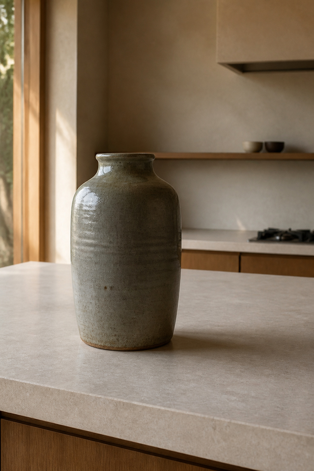 One handmade ceramic vessel on a clear countertop — chosen, not collected — demonstrating the Japanese kazari principle that the space around an object is as intentional as the object itself.