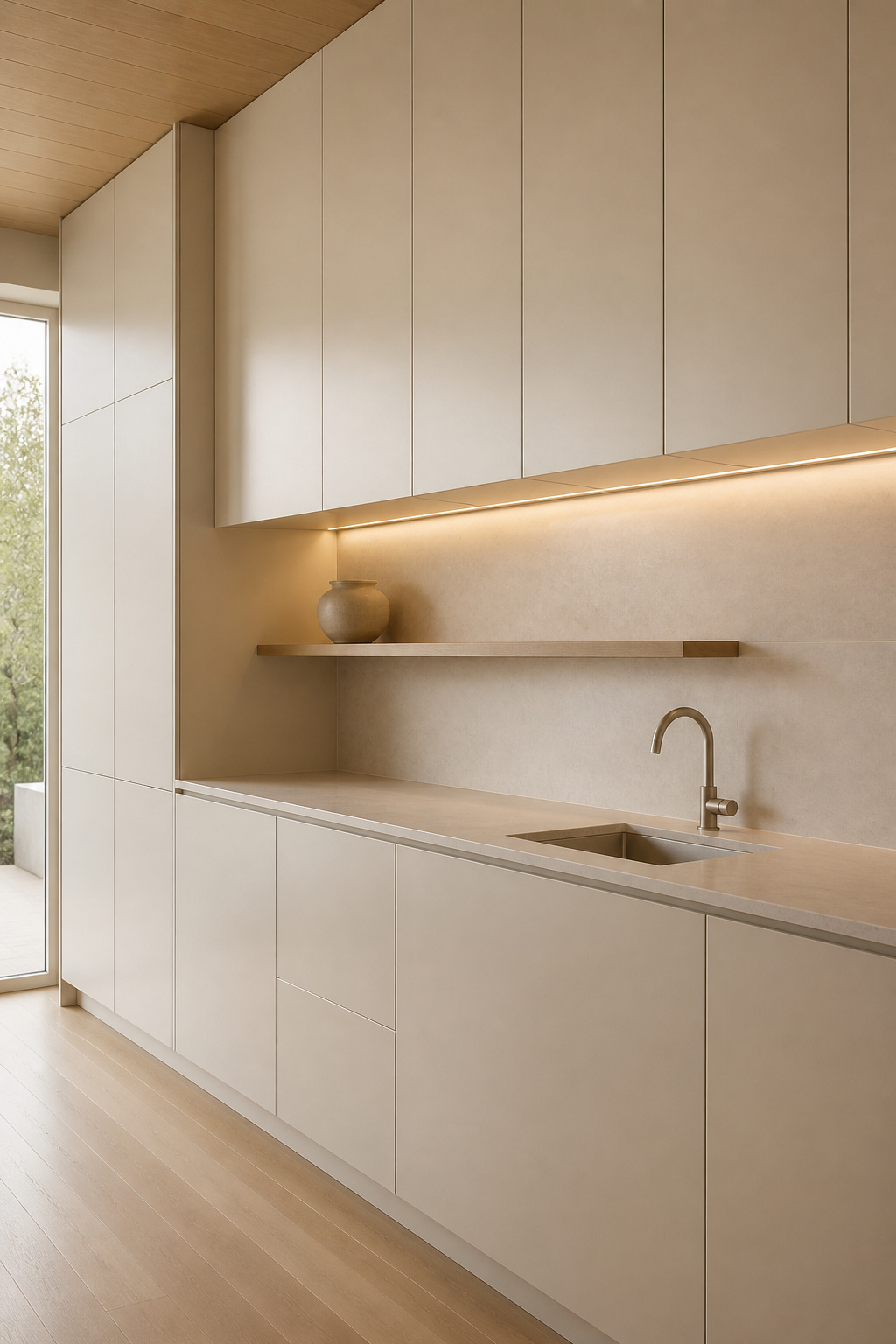 Handle-free Fenix cabinetry creates an unbroken wall of storage — the room's visual calm begins with eliminating the thirty-plus hardware repetitions of a standard kitchen.