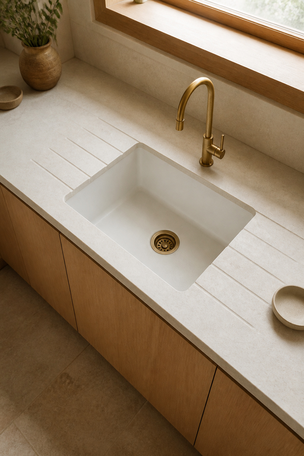 A large fireclay undermount bowl with carved stone draining grooves — the countertop reads as one unbroken surface because there is no rim, no ledge, and nothing to wipe around.