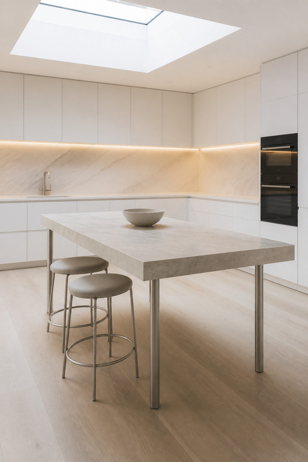 Four slender steel legs lift the island off the floor, preserving the horizontal depth that gives a minimalist kitchen its sense of space — the antithesis of the ground-to-counter cabinet island.