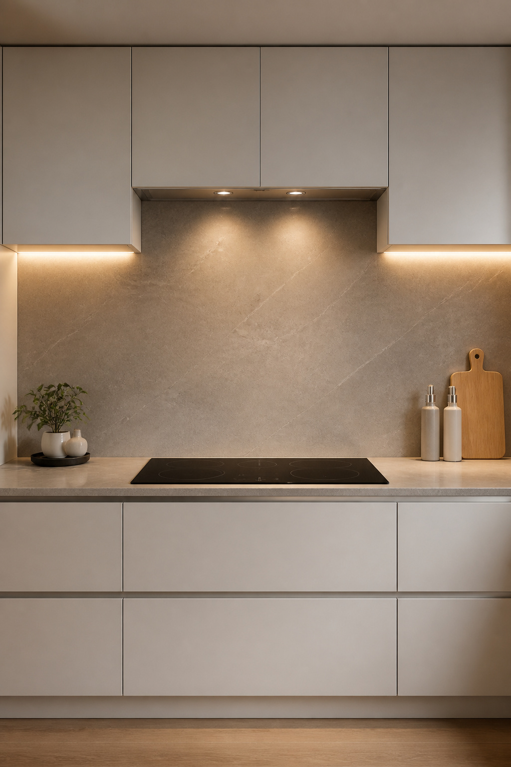 Large-format porcelain at 600x1200mm with colour-matched grout reads as a continuous stone slab — forty grout lines replaced by three, and the kitchen wall becomes a plane rather than a pattern.