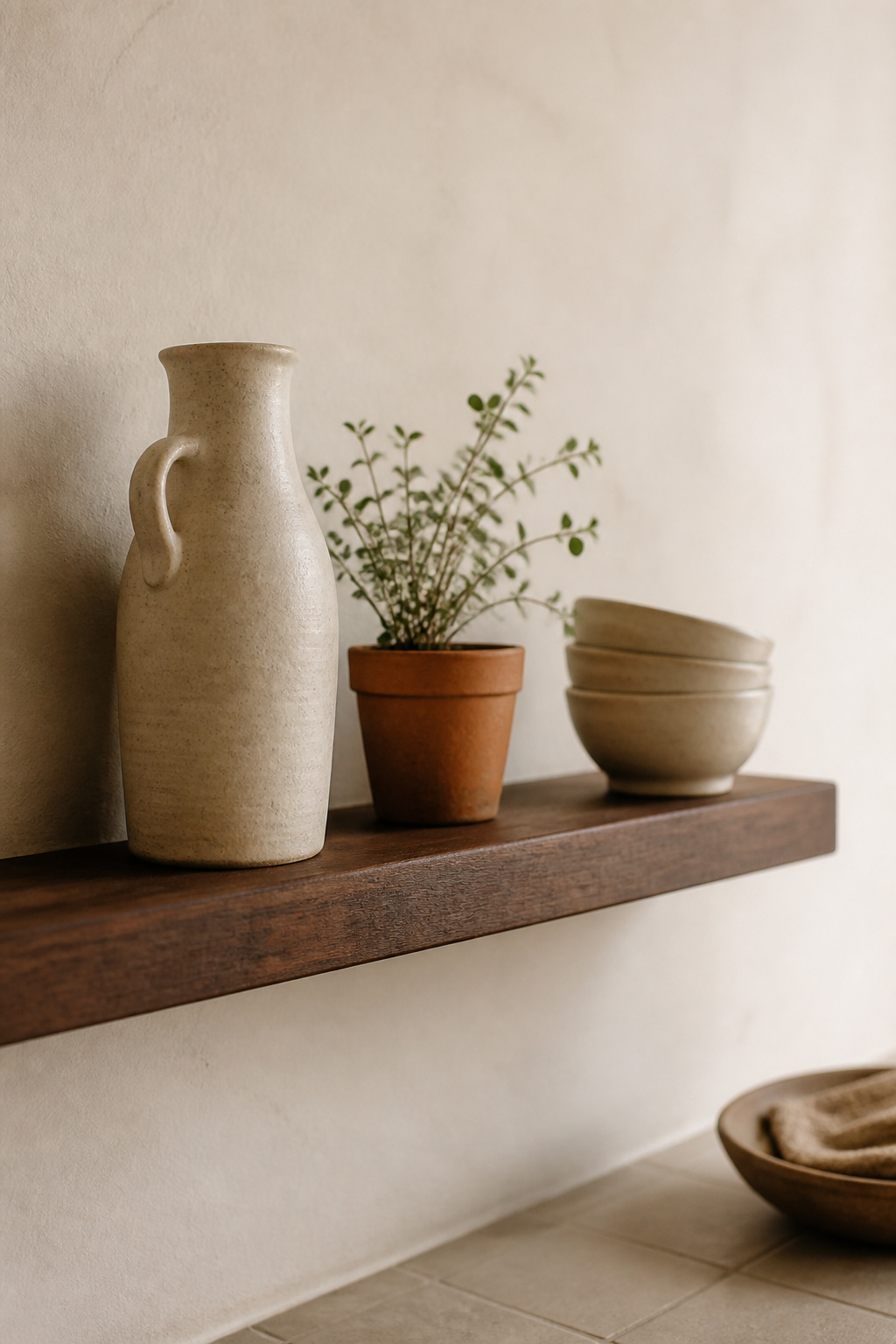 Three objects — a ceramic jug, a potted plant, a stack of bowls — sit on a floating walnut shelf surrounded by deliberate empty space, embodying the Japandi principle that the space around an object gives it presence.