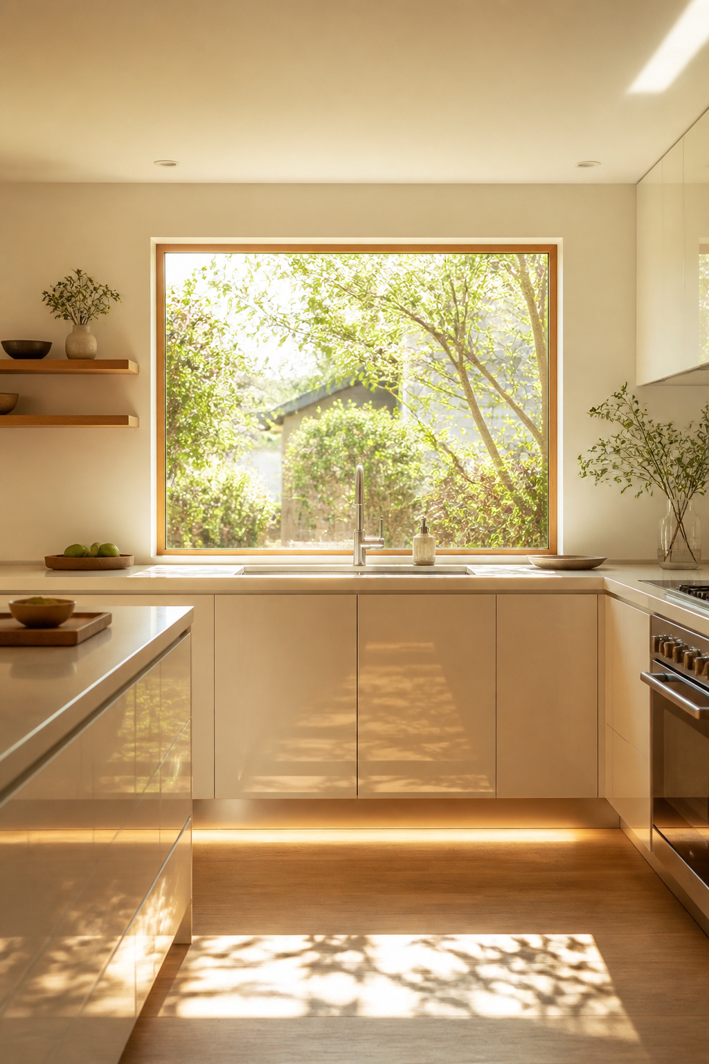 A window above the sink, completely unobstructed — no cabinet above it, no roller blind pulled down — is the most cost-effective intervention in minimalistic kitchen design and the most frequently overlooked.