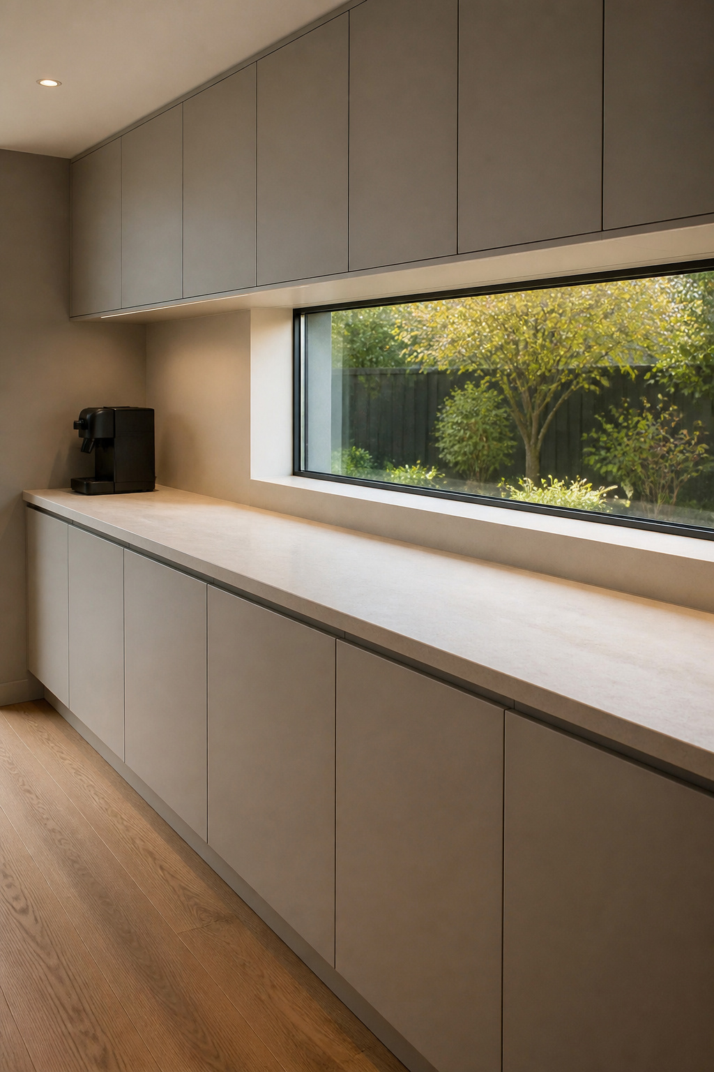One coffee machine on a long clear counter — not because everything else is stored, but because nothing else earned its place. The result of the subtraction audit, not the renovation.