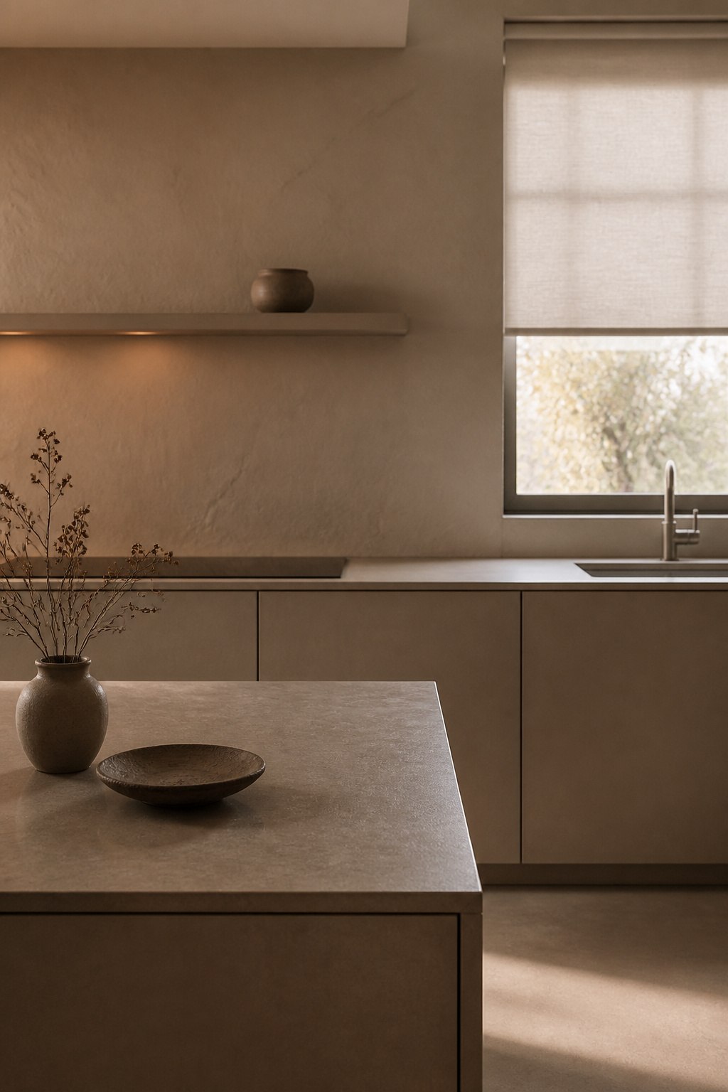 A single warm clay hue used across cabinets, plaster wall, and countertop creates depth through texture rather than colour contrast — the foundation of a genuinely calming minimalistic kitchen design.