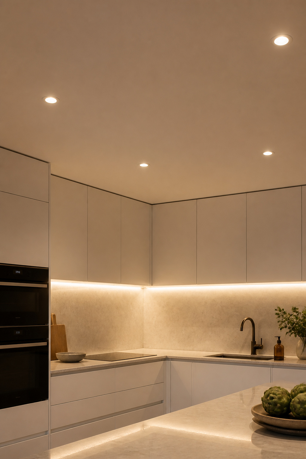 No pendants, no visible fixtures — just flush recessed downlights and hidden under-cabinet LED strips at 3000K, providing full task and ambient coverage without a single visible hardware element.